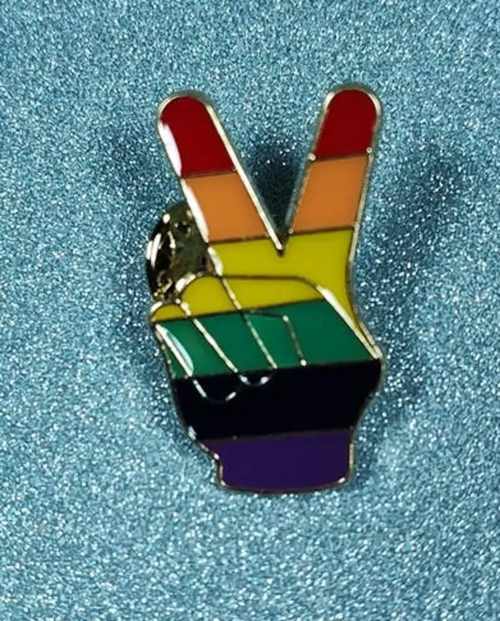 Rainbow Peace Sign Fingers Pin - Hat, Lapel, Lanyard, Apron, Jacket or Backpack